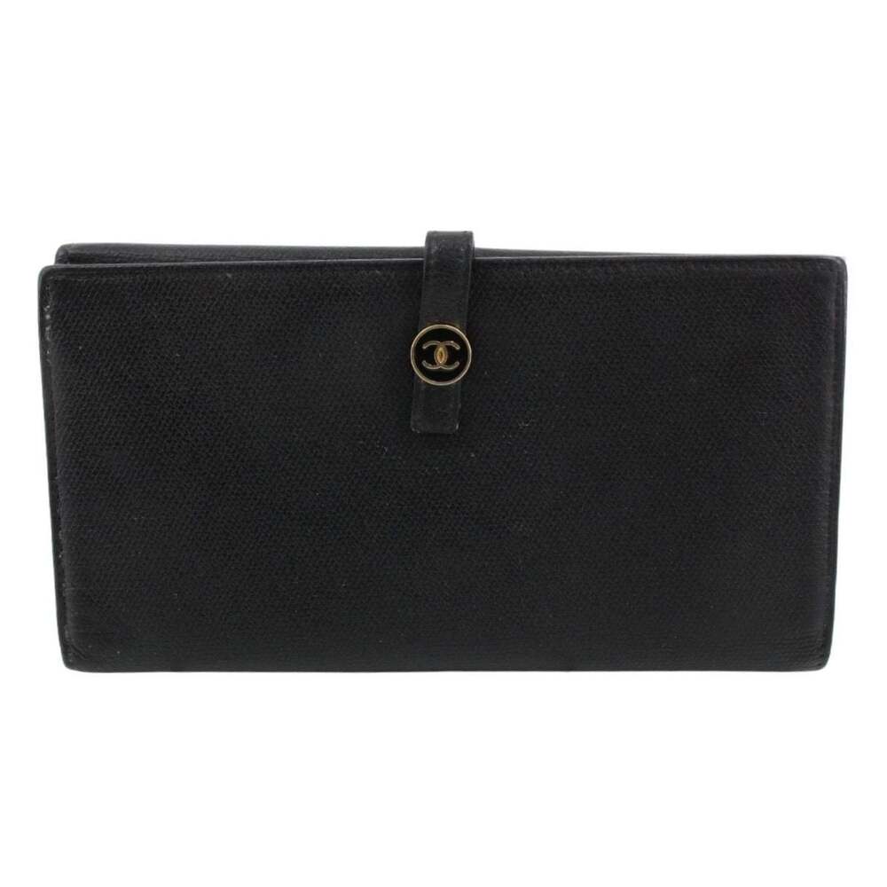 Chanel Vintage Black Grained Leather Coco Button Long Bifold Wallet